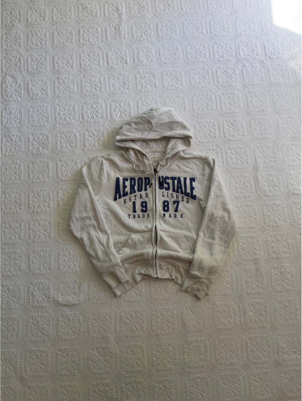 Aeropostale Light Beige Zip-Up Hoodie with Blue Logo, Size M